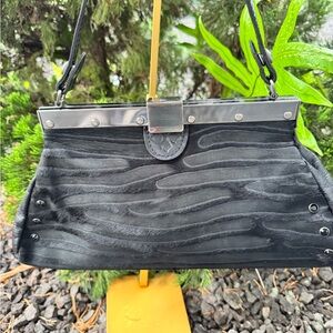 Patricia Nash Black Haircalf & Leather Frame Shoulder Bag